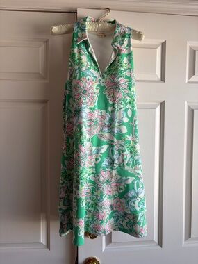 Lilly Pulitzer Green Floral Luxetic Dress with Pink Accents